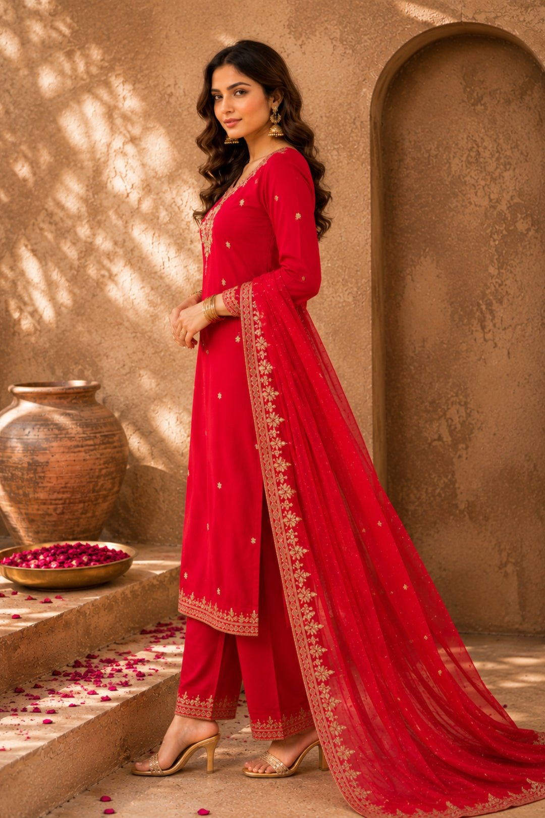 Red Gold Booti Kurta Set