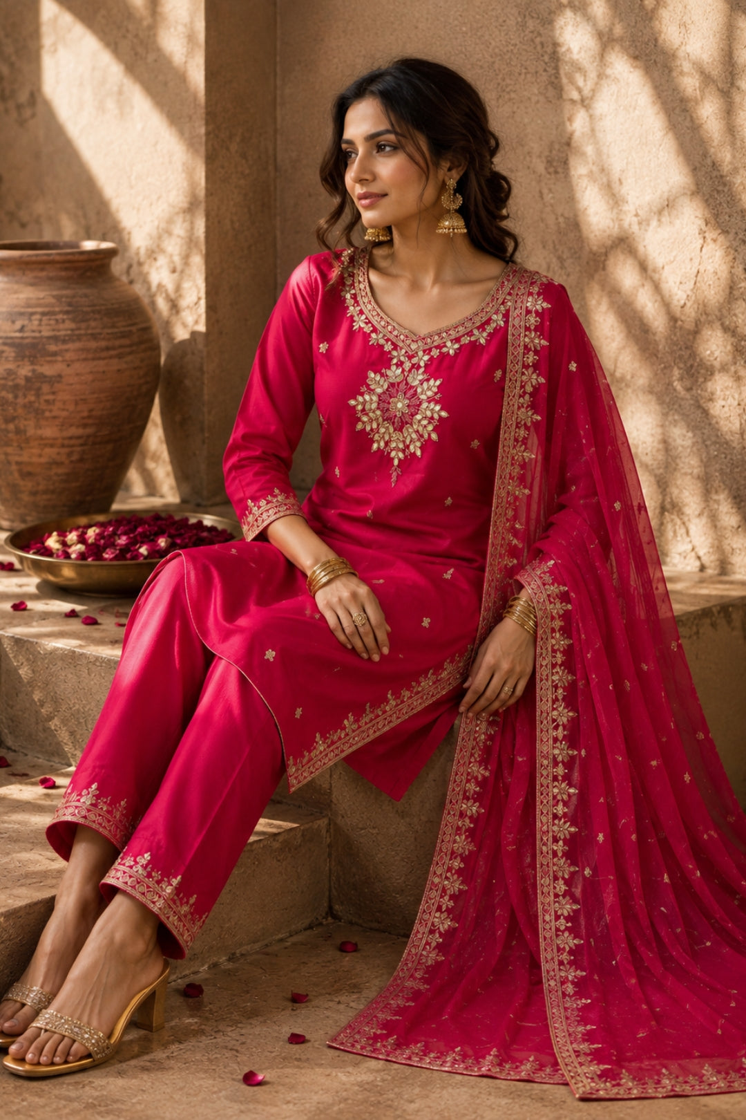 Red Gold Booti Kurta Set