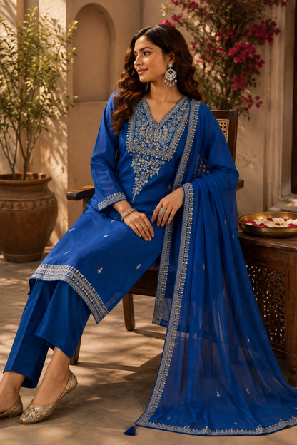 Royal Blue Mul Chanderi Embroidered Kurta Set