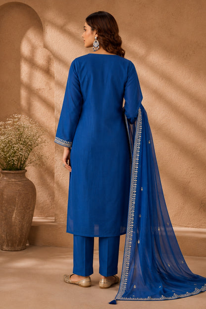 Royal Blue Mul Chanderi Embroidered Kurta Set