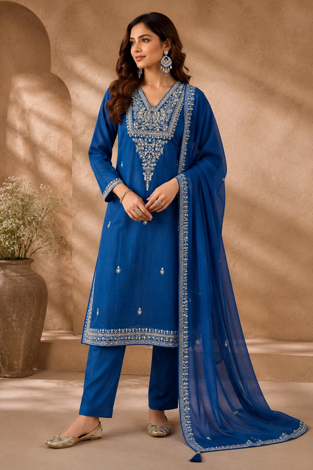 Royal Blue Mul Chanderi Embroidered Kurta Set