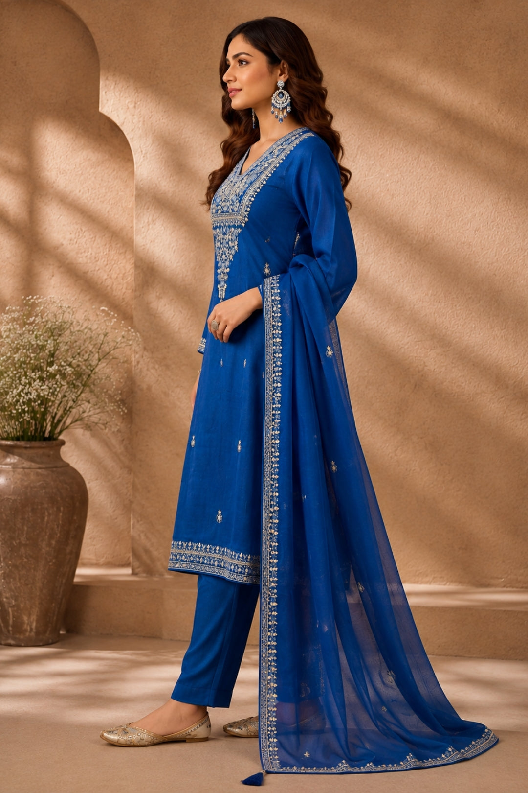 Royal Blue Mul Chanderi Embroidered Kurta Set