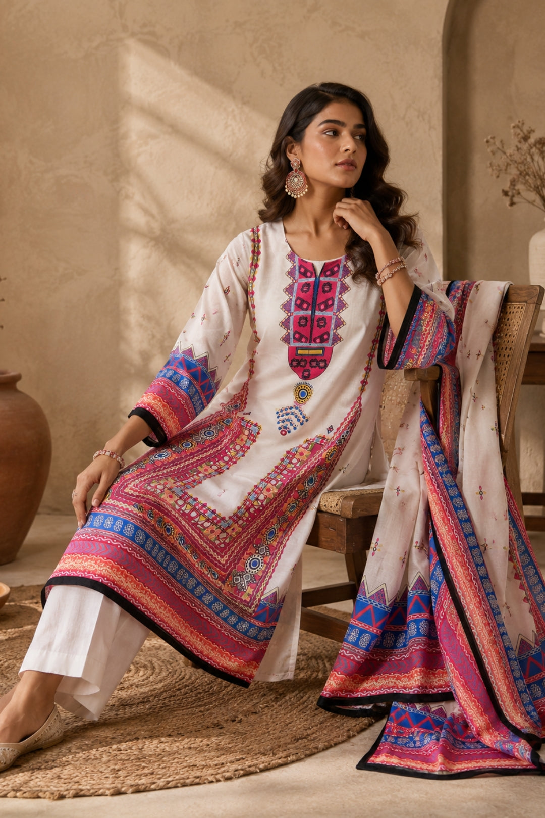 White Tribal Border Kurta Set