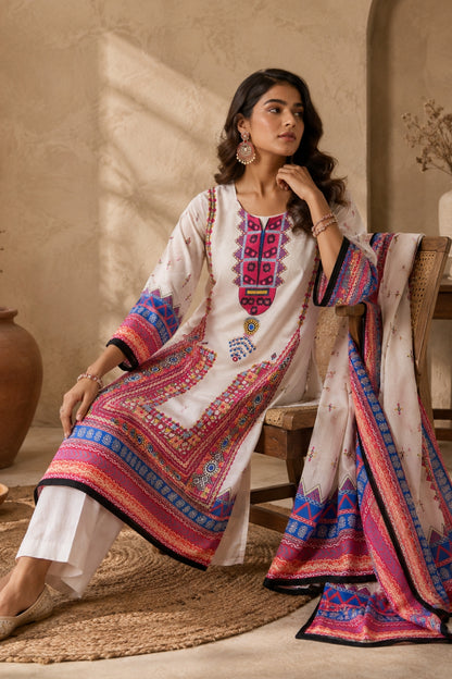 White Tribal Border Kurta Set