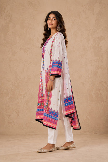 White Tribal Border Kurta Set