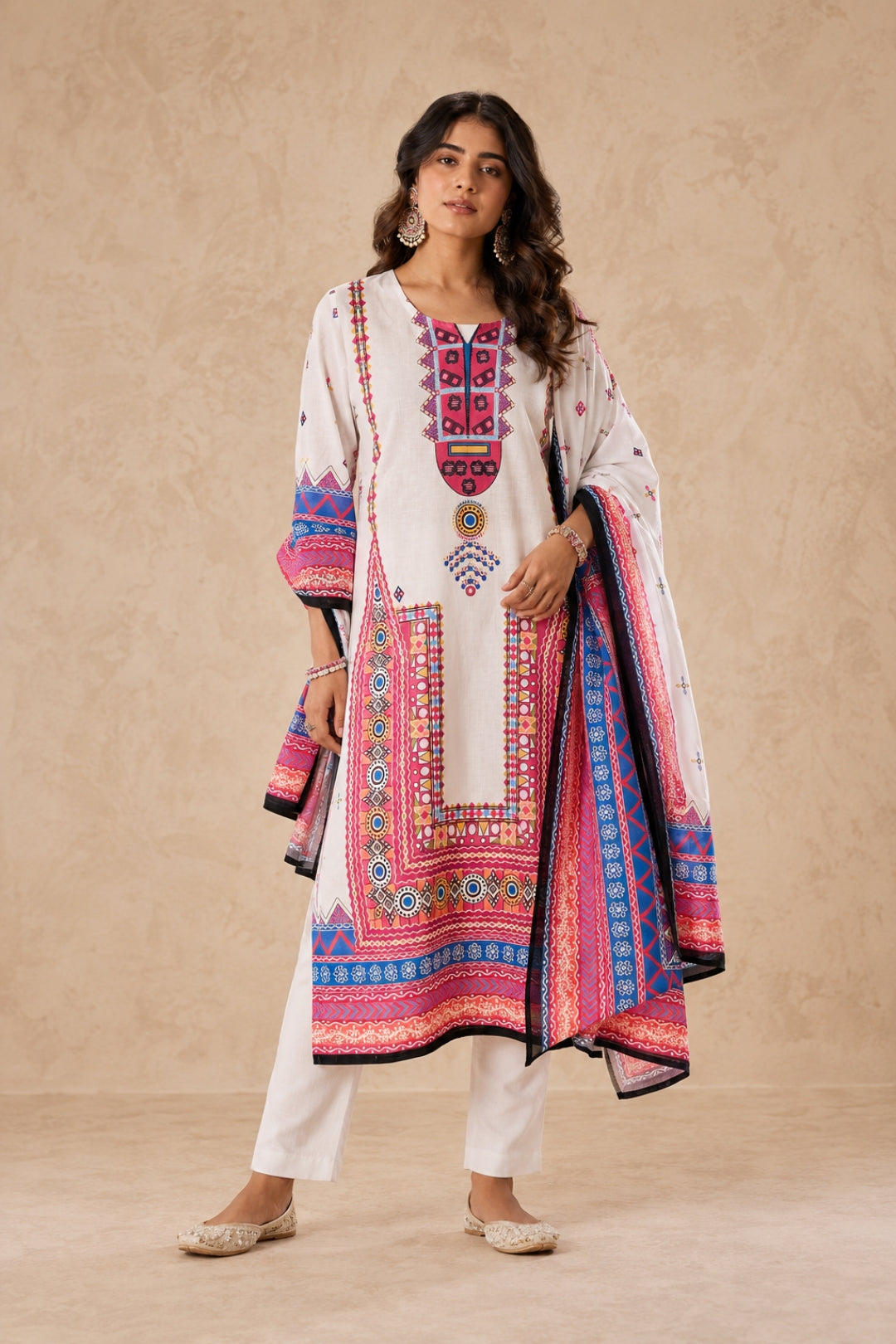White Tribal Border Kurta Set