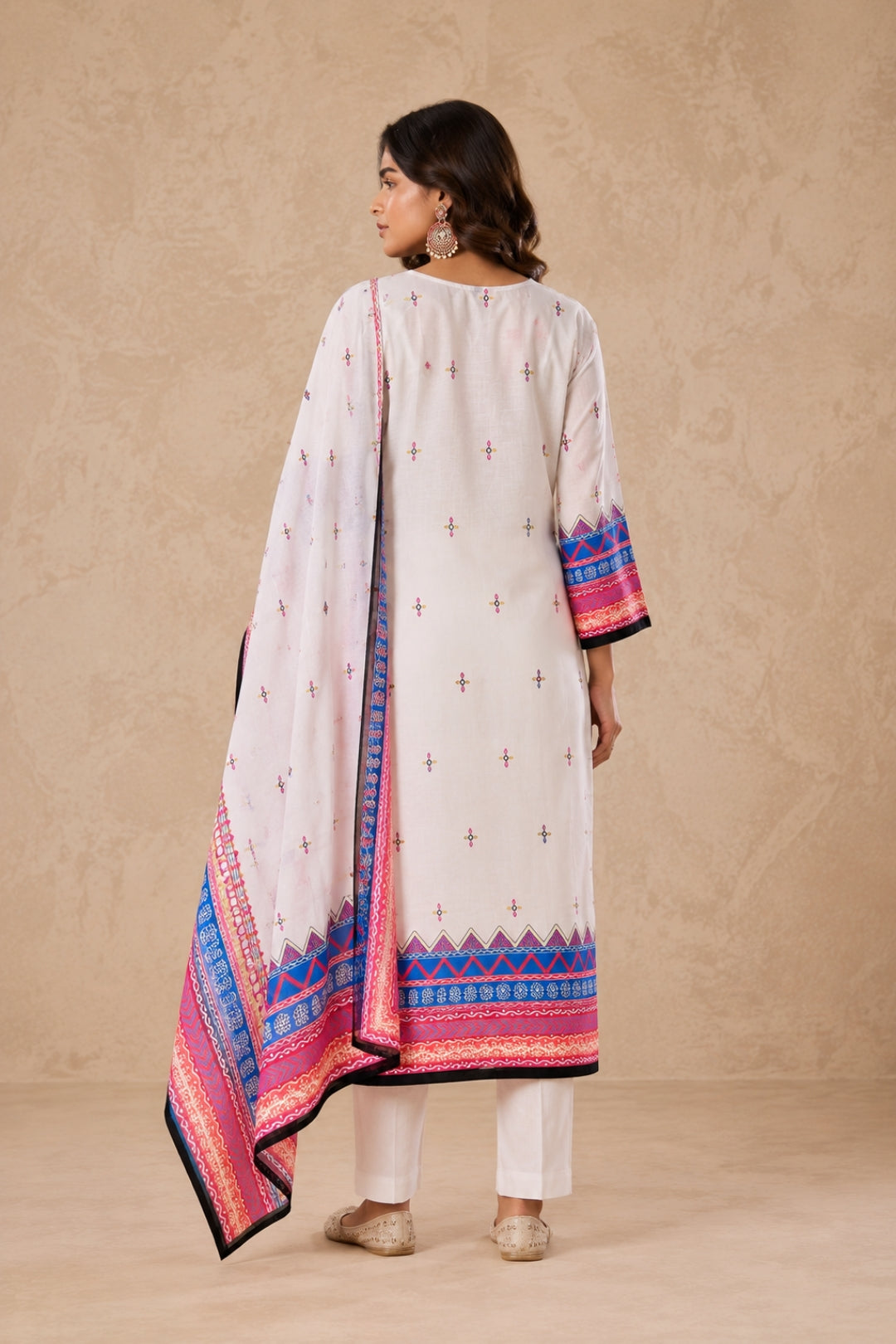 White Tribal Border Kurta Set